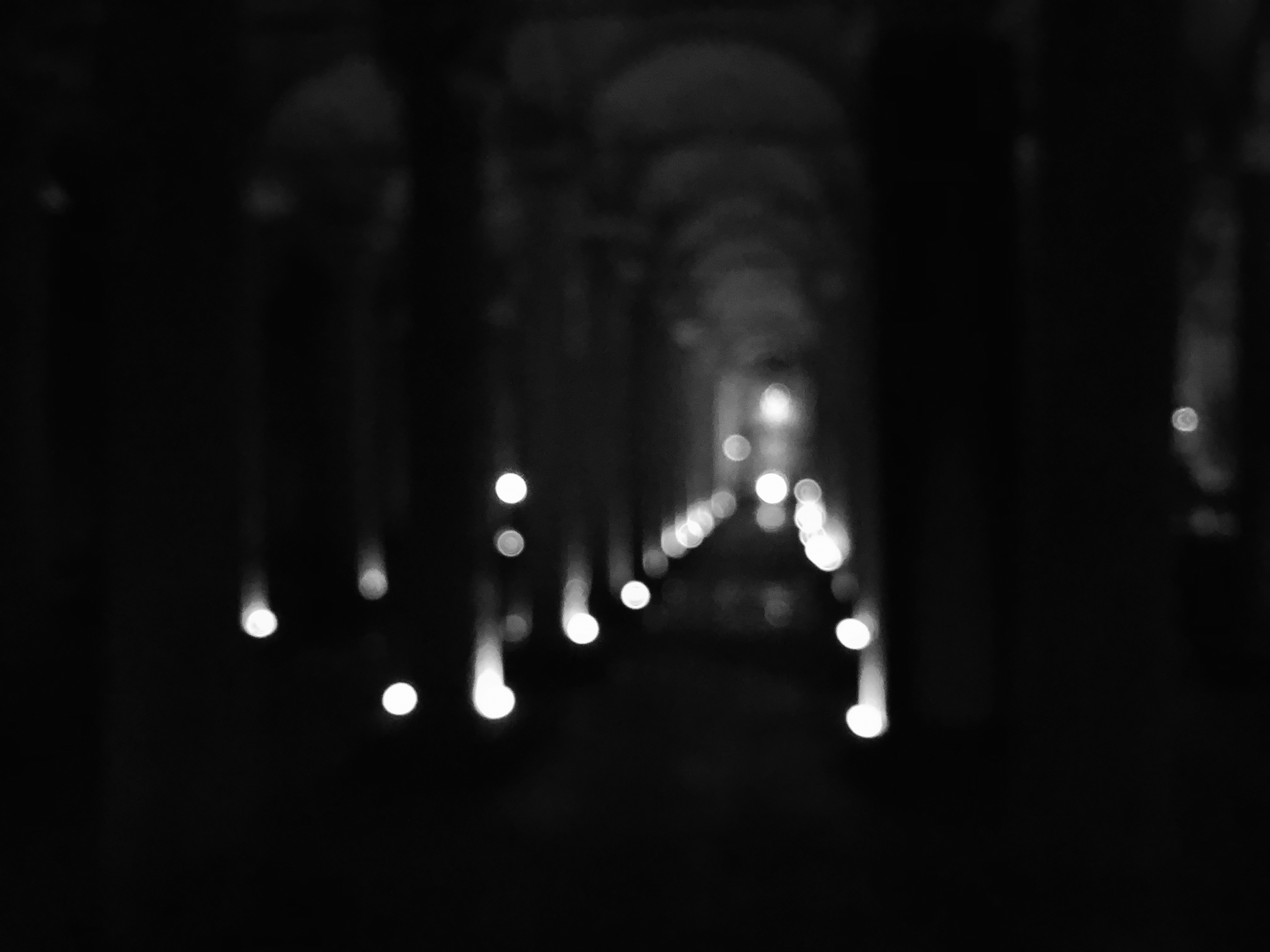 A blurry photo of what appears to be lights on either side of an aisle.