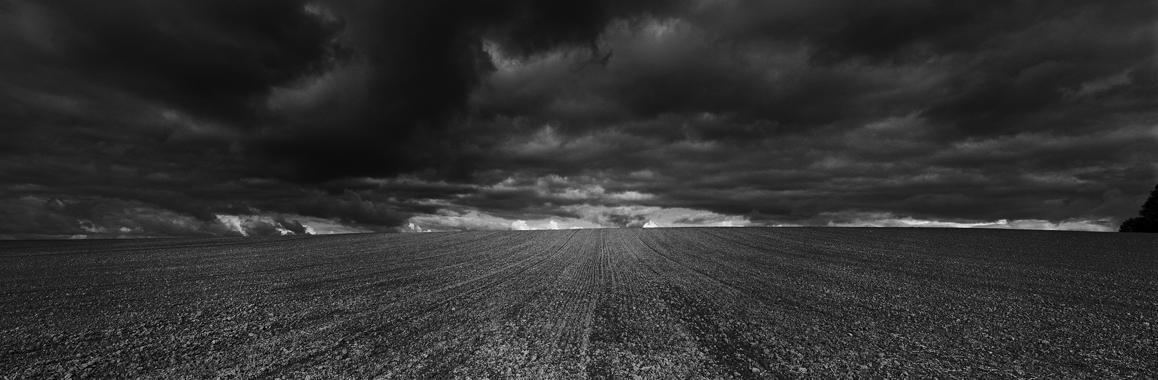 A wide-angle shot of a farm field and the vast sky full of dark clouds.