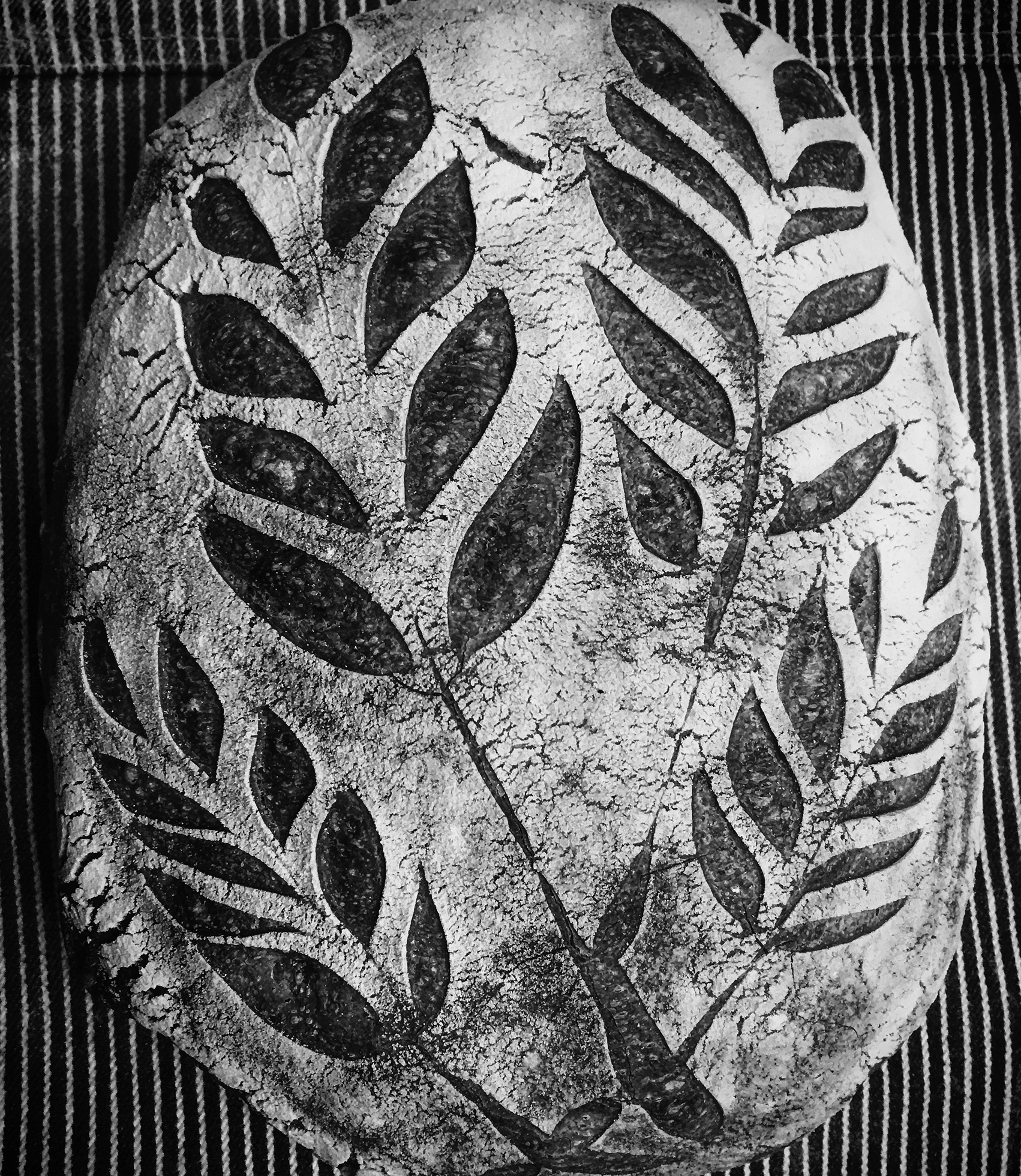 An artisan loaf of bread with stenciled leaves on the crust.