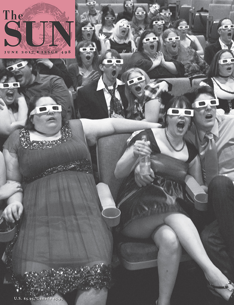 June 2017 cover of The Sun. An ode to J.R. Eyerman’s 1952 photo of opening night of Bwana Devil, the first color 3D movie, this well-dressed audience of wedding guests in an old movie theater are all wearing 3D glasses and a look of surprise.