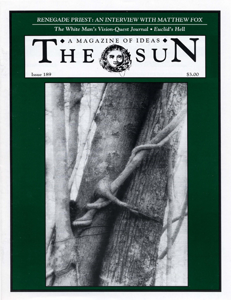 August 1991 cover of The Sun. Close-up of the trunks of two large, tall trees that are so close together some branches from the tree on the left extend around the other tree reminiscent of a hug.