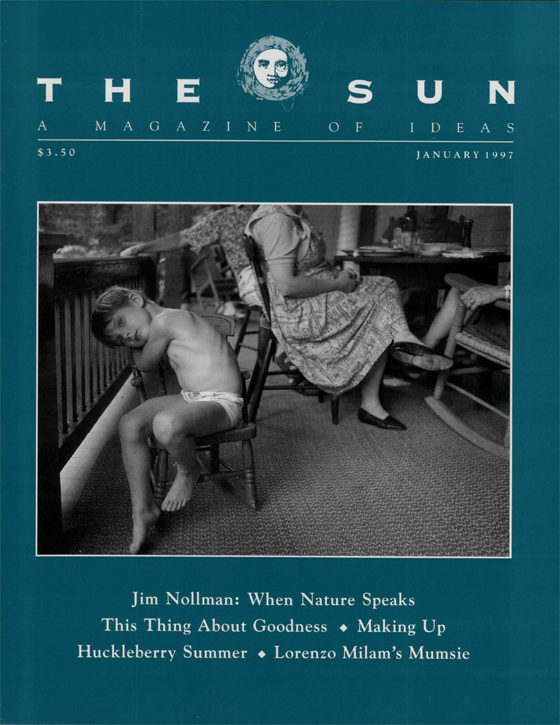 January 1997 cover of The Sun. A candid photo of a young boy sitting and daydreaming on a porch in the foreground and three women relaxed and sitting close together on the porch in the background.