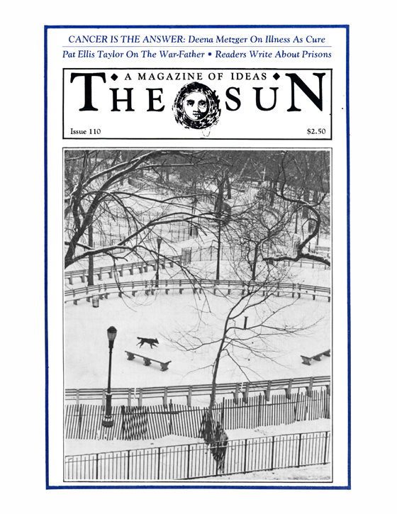 January 1985 cover of The Sun. A marvelous photograph of a snowy park with a lone dog running in the middle of it.