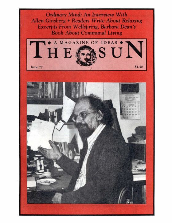 April 1982 cover of The Sun. A photo of poet and writer Allen Ginsberg at a cluttered desk in front of full bookshelves.
