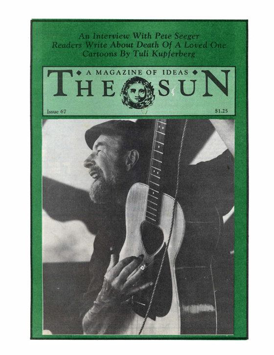 May 1981 cover of The Sun. A photo of folksinger and activist Pete Seeger smiling as he plays a guitar.