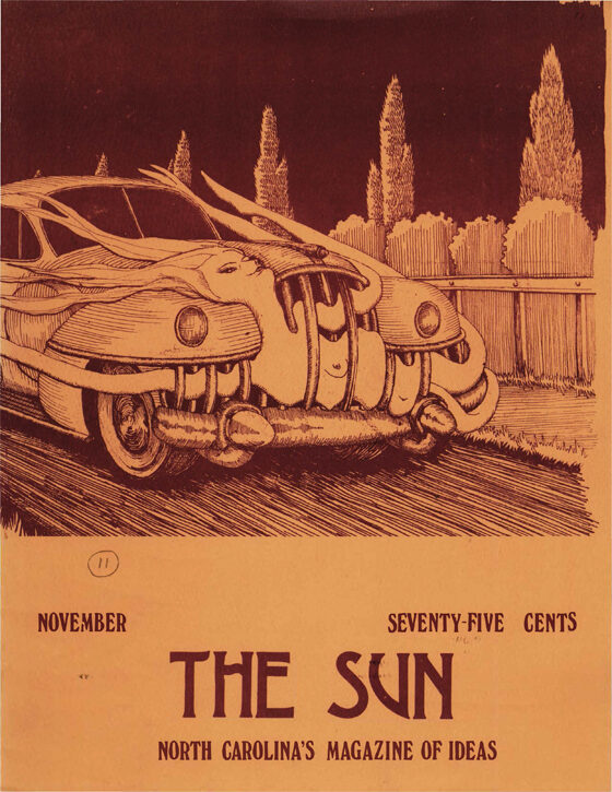 November 1975 cover of The Sun. The theme of the issue is “Women” and a garish cartoon of a car with a ghost of a woman caught in its grille is the cover image. The image is entitled “Buick Gives You Something to Believe in but Plymouth Makes It.”