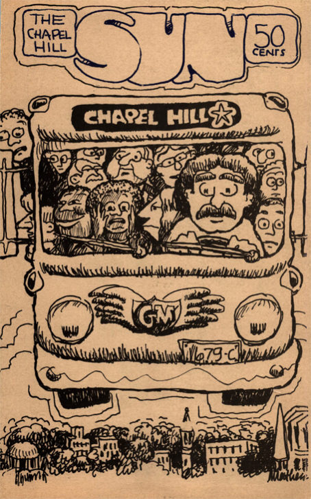 September 1974 cover of The Sun. A head-on illustration of a bus with a destination sign of “Chapel Hill” appears to be floating above a small-town cityscape. The bus driver and crowd of faces behind him are visible through the front windshield.