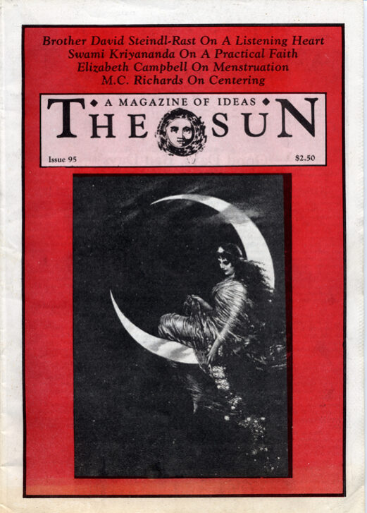 October 1983 cover of The Sun. An image of a woman in drapey garb sitting in a crescent moon.