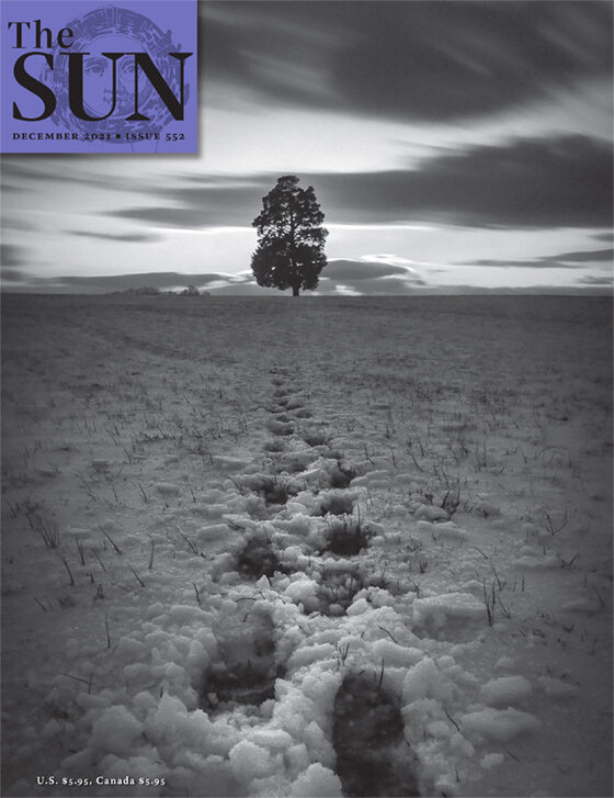 Footprints in the snow that lead to a tree in the horizon. The photo was taken at Manassas National Battlefield Park in Virginia.