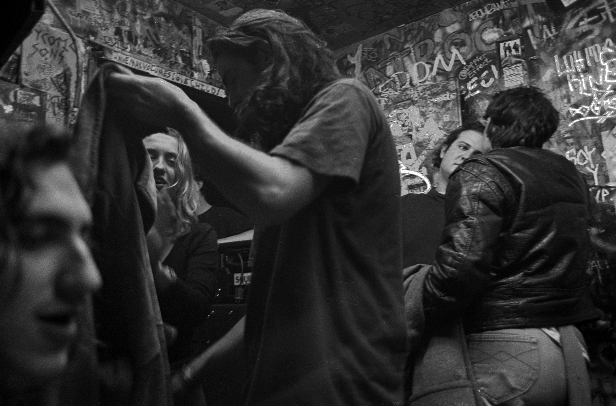 Backstage at CBGB in New York City during a Dungbeetle show. Dungbeetle played with the photographer’s band, Sleepyhead, many times over the years.